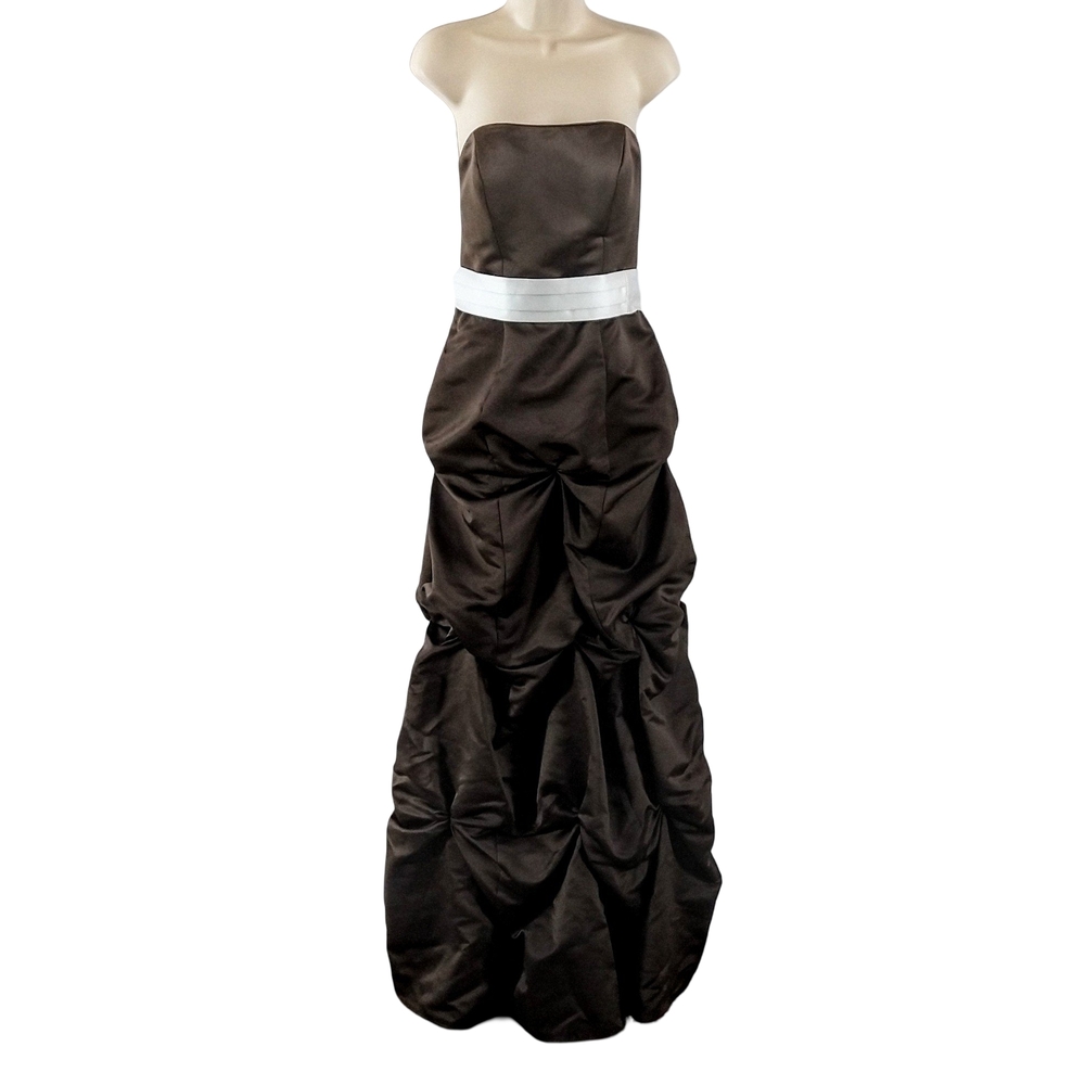 Mori Lee Chocolate Strapless Gown with Ivory Accent Belt